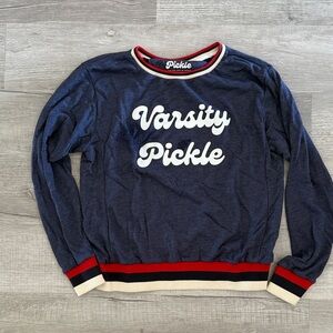 Varsity Pickle Navy Crewneck Sweater with Red and White Accents. Super soft.